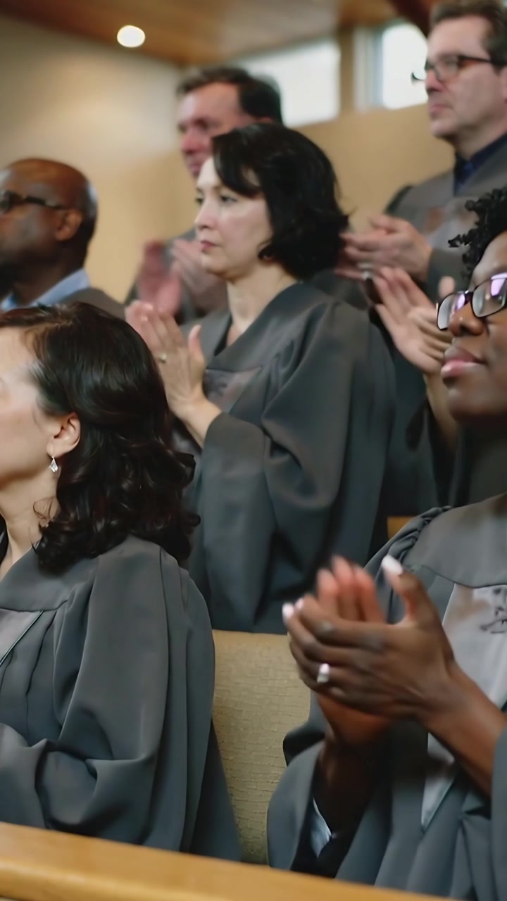 Video verticale: Applausi dopo la fine del canto, coro in tonache grigie che mantiene un ritmo costante in chiesa, con i banchi.