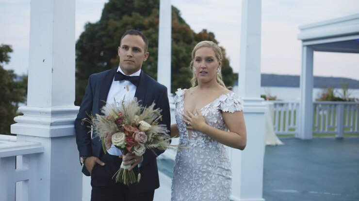 Bride and groom in the evening at luxury hotel