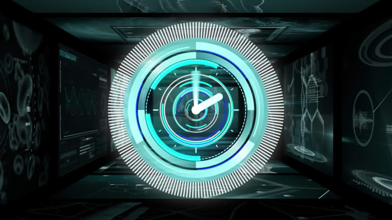 Animation of scope scanning with clock over moving screens with data processing on black background