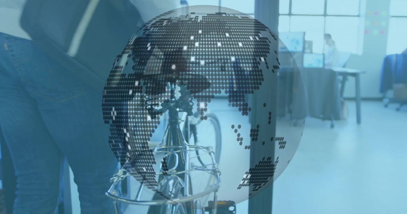 Animation of globe and data processing over server room