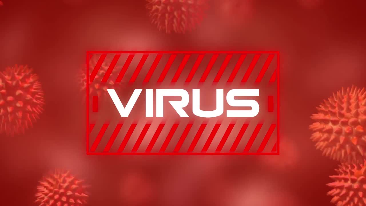 animación del texto del virus sobre células 3d covid 19 flotando sobre un fondo rojo