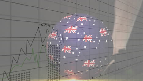 animation of financial graph lines on australian flag globe with data overlay