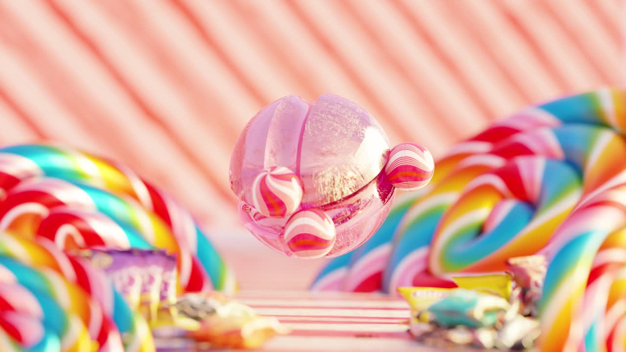 3D rendering of small candy balls rolling on pink sphere in loop