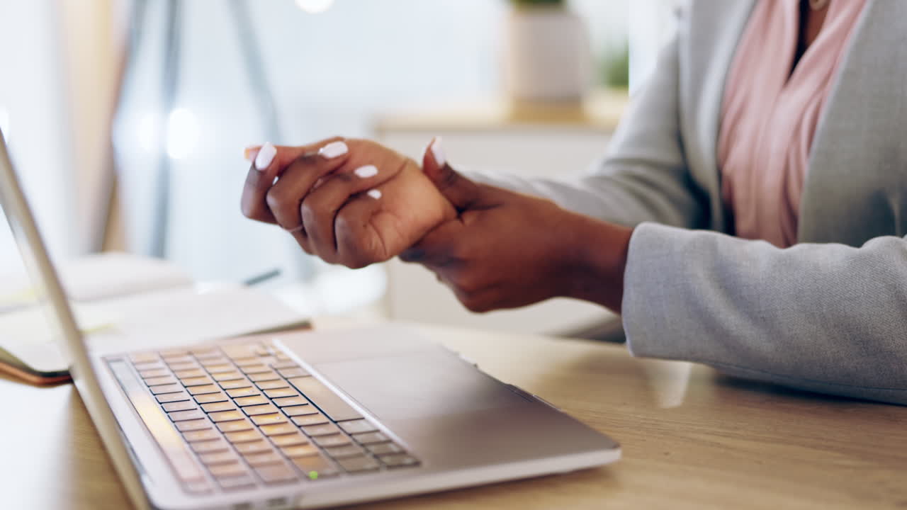 Laptop, hands and osteoporosis with a business