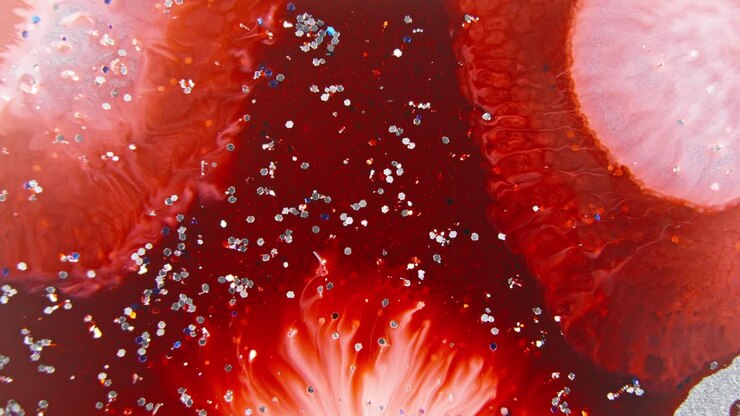 Bright red ink expanding in water with sparkling particles, creating an intense and abstract visual effect