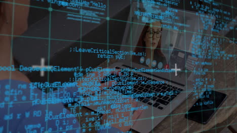 Animation of data processing over caucasian businesswoman having laptop video call with colleague