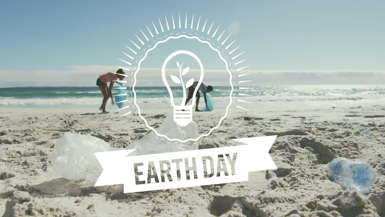 Earth Day text and light bulb animation over people cleaning beach