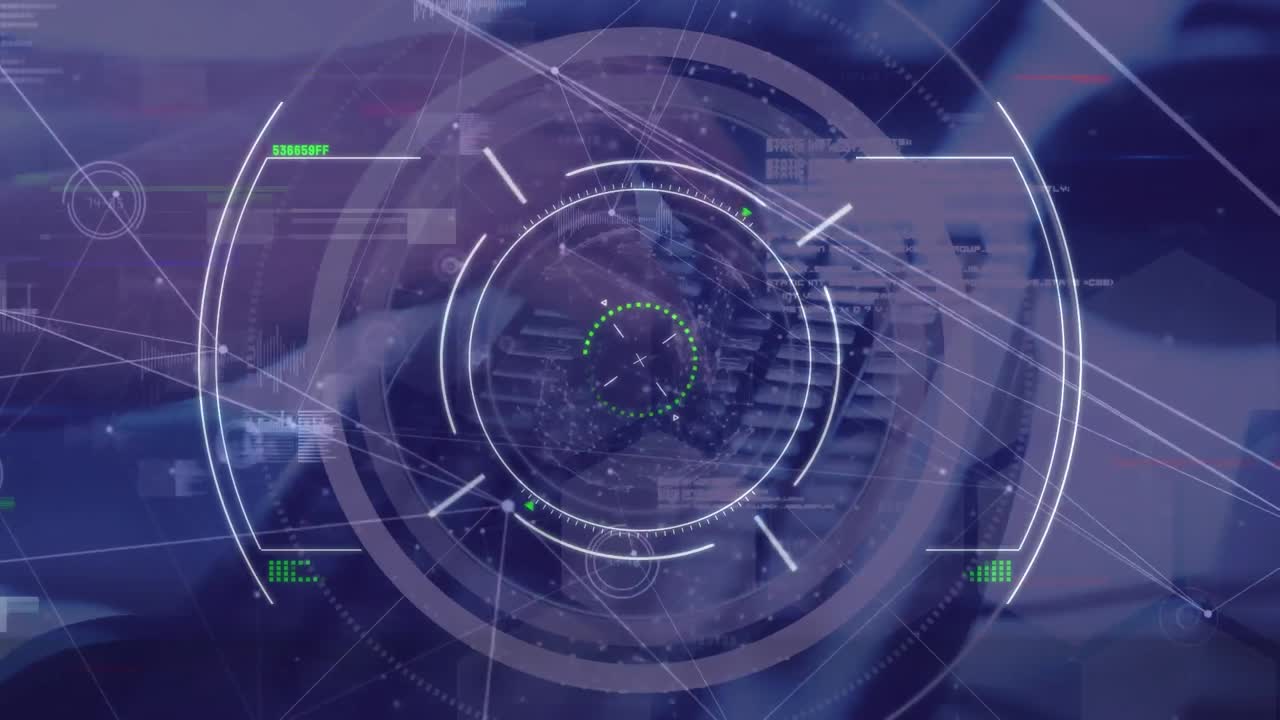 анимация сетей соединений с иконками над записью блокировки на фиолетовом фоне