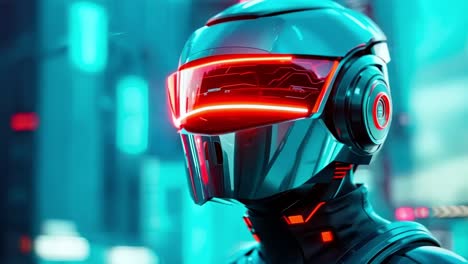 a man in a futuristic helmet with red lights on his face