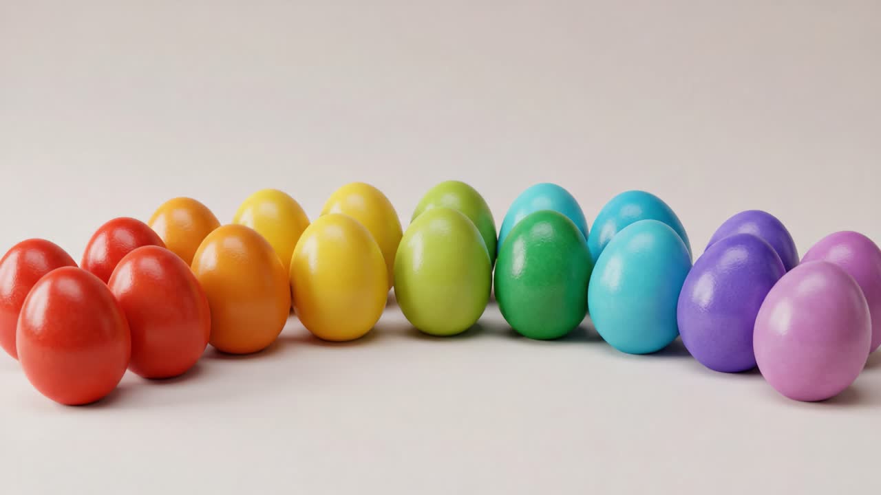 Colorful Easter Eggs Arranged in a Vibrant Display, Showcasing a Beautiful Spectrum of Hues from Red to Purple, Perfect for Holiday Celebrations and Festivities