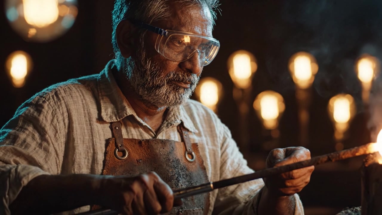 Ein erfahrener Handwerker konzentriert sich intensiv auf präzises und fachmännisches Arbeiten, umgeben vom warmen Schein von Vintage-Glühbirnen in einer Werkstattumgebung
