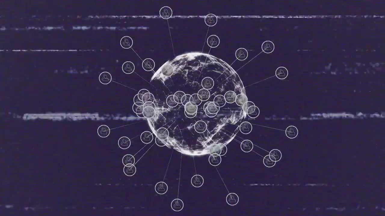 Animation of interference over globe with icons on black background