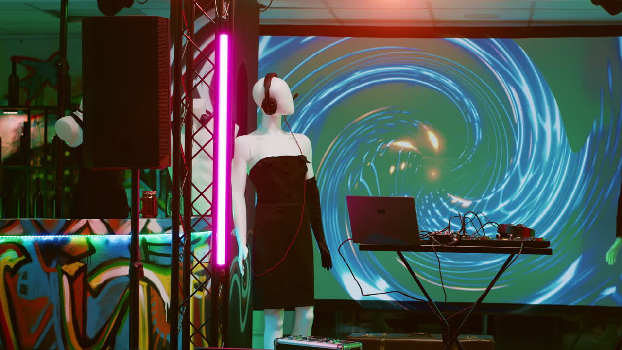 Nightclub DJ Setup with Mannequin and Graffiti Art