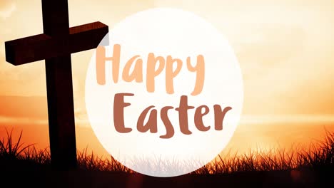 animation of happy easter text over cross and grass