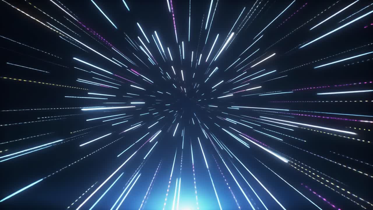 Strisce di luce in rapido movimento in un tunnel spaziale astratto
