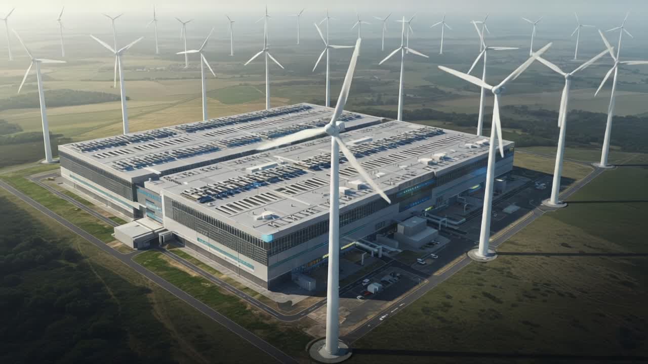 Aerial View of a Modern Factory Surrounded by Wind Turbines, Highlighting Sustainable Energy Solutions and Innovative Industrial Design Principles