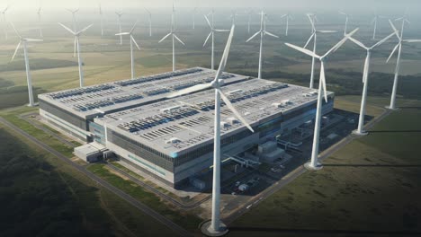 aerial view of a modern factory surrounded by wind turbines, highlighting sustainable energy solutions and innovative industrial design principles