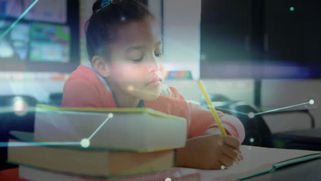 escritura en cuaderno, estudiante con libros a través de conexiones de red animación
