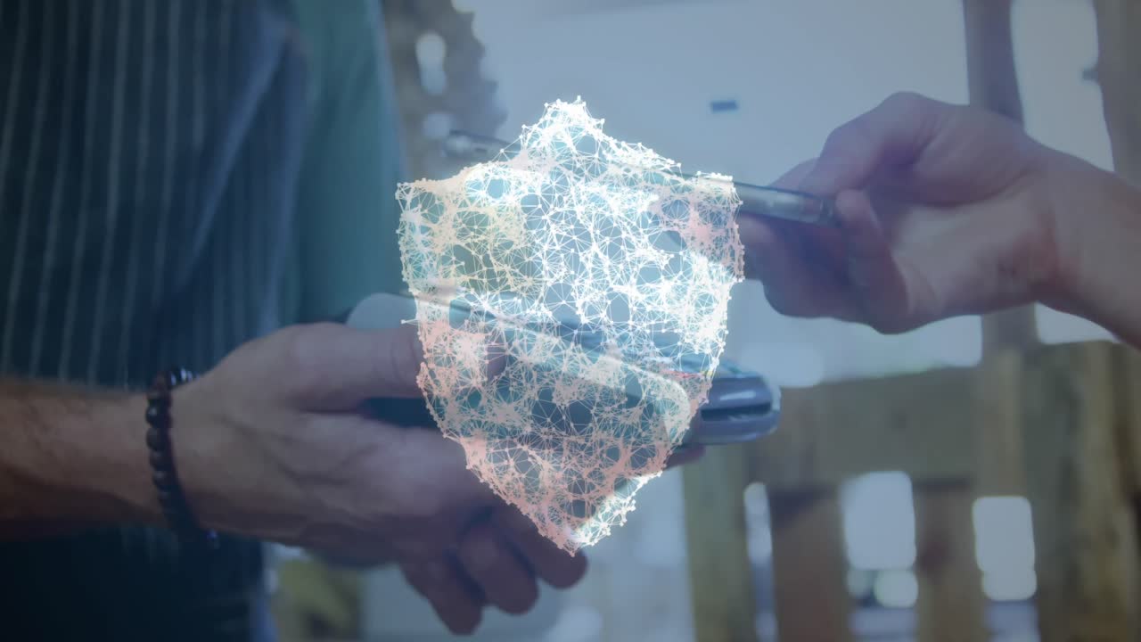 animación de la red de conexiones con escudo de seguridad sobre las personas que utilizan el terminal de pago