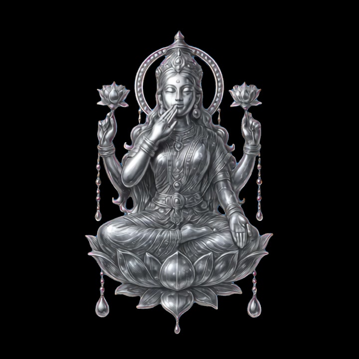 Silver Statue of Goddess Lakshmi Sitting on Lotus Flower