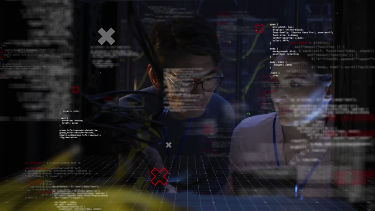 Animation of data processing over diverse woman and man checking servers