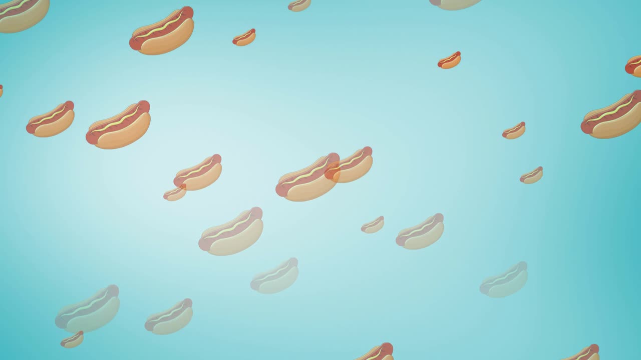파란색 배경에 떠다니는 여러 개의 핫도그의 애니메이션