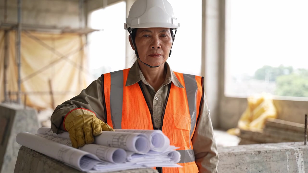 Trabalhador da Construção Focado no Canteiro de Obras, Exibindo Plantas Arquitetônicas com Determinação em um Ambiente de Edificação Dinâmico e em Desenvolvimento