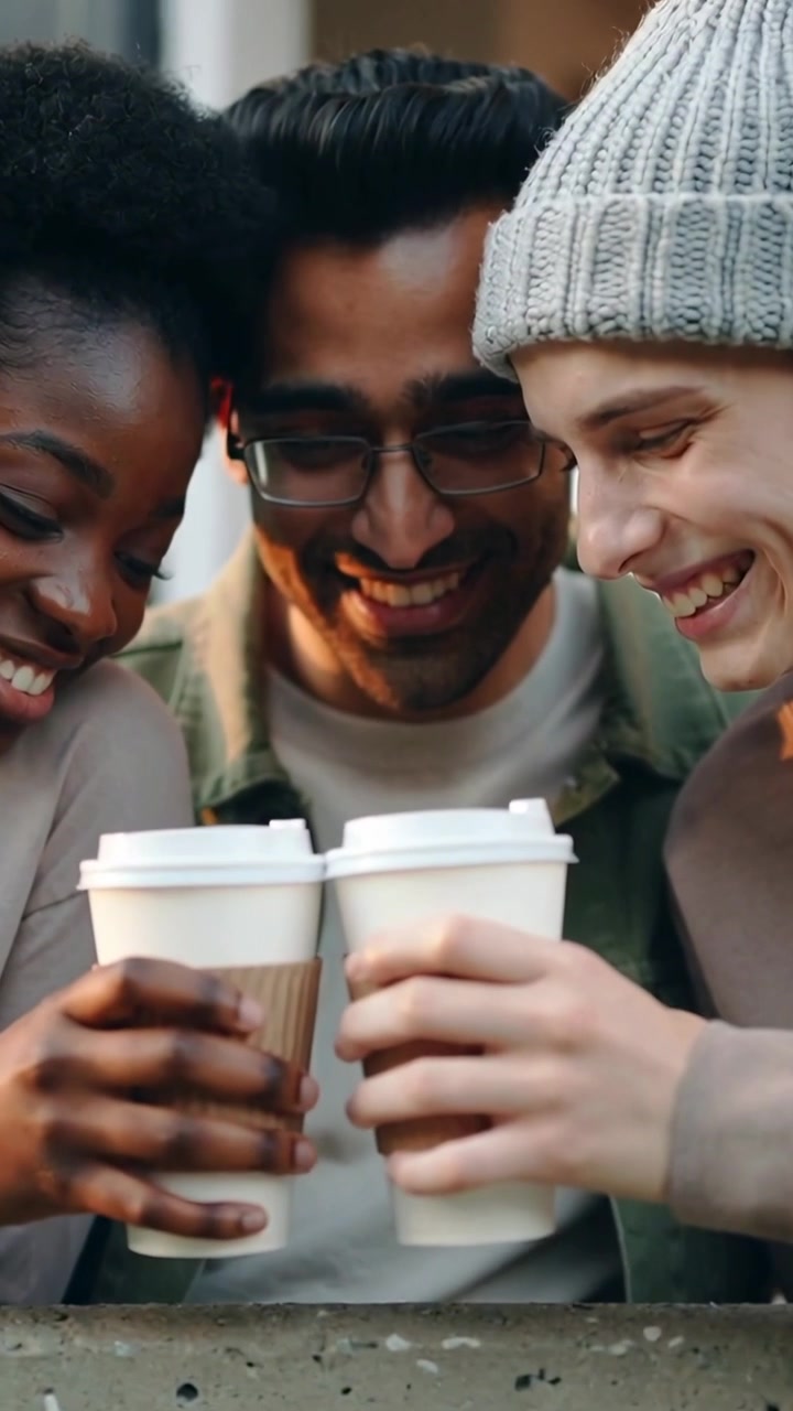 Video verticale: Amici sorridenti appoggiati a una ringhiera esterna, che brindano con tazze di caffè da asporto, socializzando.