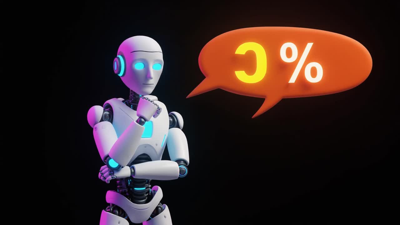 Robot Android 3D che pensa e mostra percentuali