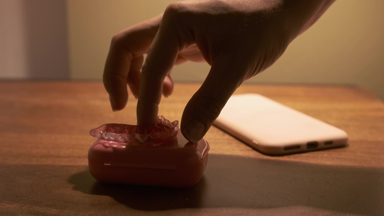 Persona che prende un apparecchio di contenzione dentale dalla custodia su un tavolo di legno