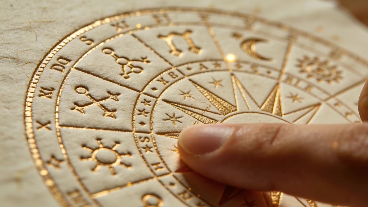 Con la punta del dito destro che preme e ruota un disco centrale su una pergamena, rivelando simboli zodiacali dorati.