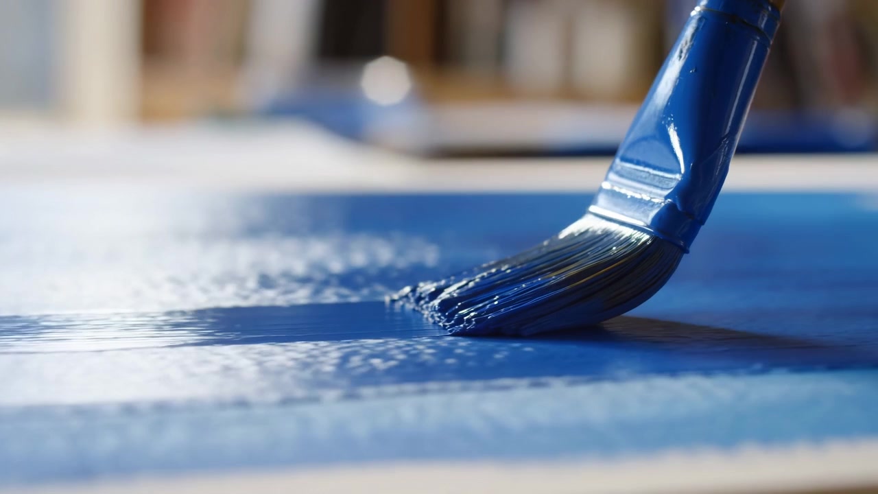 Pennello carico di pigmento blu cobalto lucido preme su carta o cartone bianco testurizzato, lasciando segni orizzontali stratificati, creste di setole in rilievo, lucentezza bagnata e un ricco contrasto cromatico astratto.