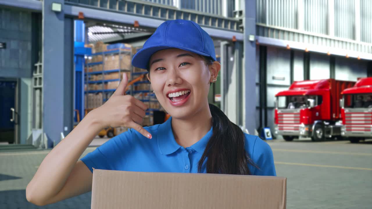 Close Up Of Asian Female Courier In Blue Uniform Showing Call Me Gesture And Smiling While Delivering A Carton, Outside Warehouse