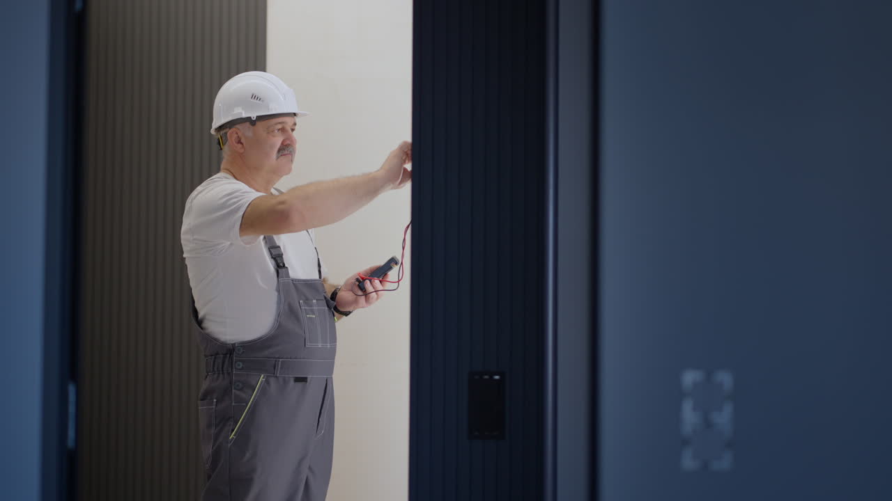Man electrician installs and checks the operation of the smart house system in the apartment