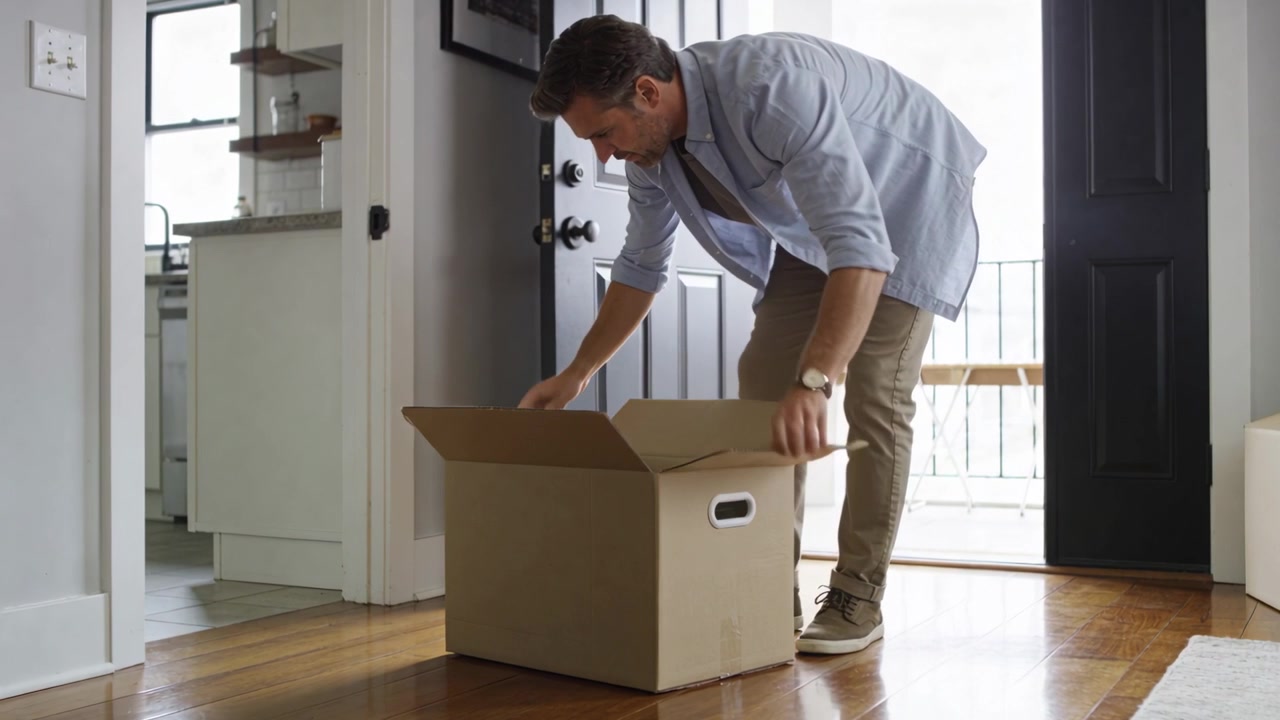 Spotting moving box at home entryway, man wearing blue shirt opening flaps to inspect contents