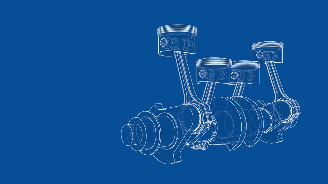 animación del cigüeñal y cuatro pistones. marco de alambre o estilo de plano