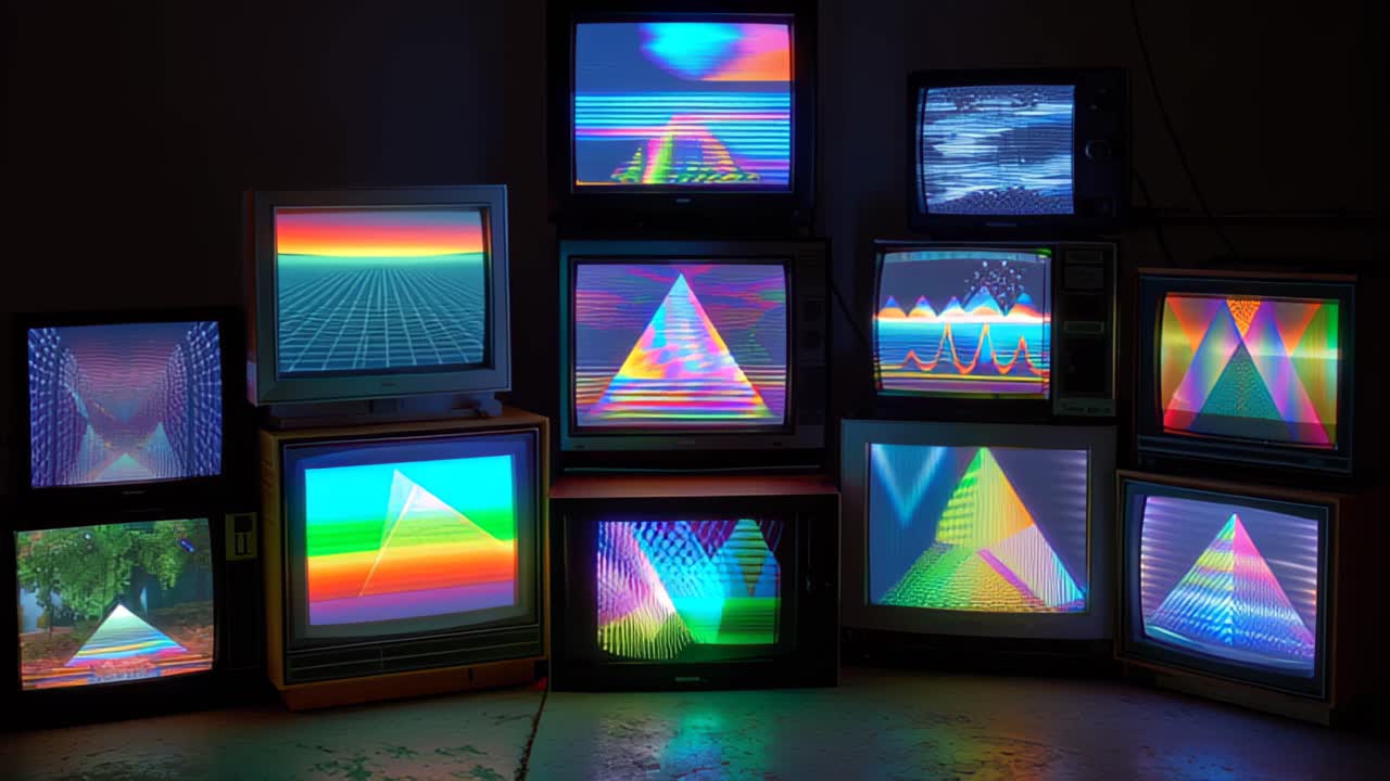 Footage of stacked vintage CRT televisions showing colorful glitch patterns, geometric shapes and neon gradients in a dark room, evoking retro synthwave and analog tech