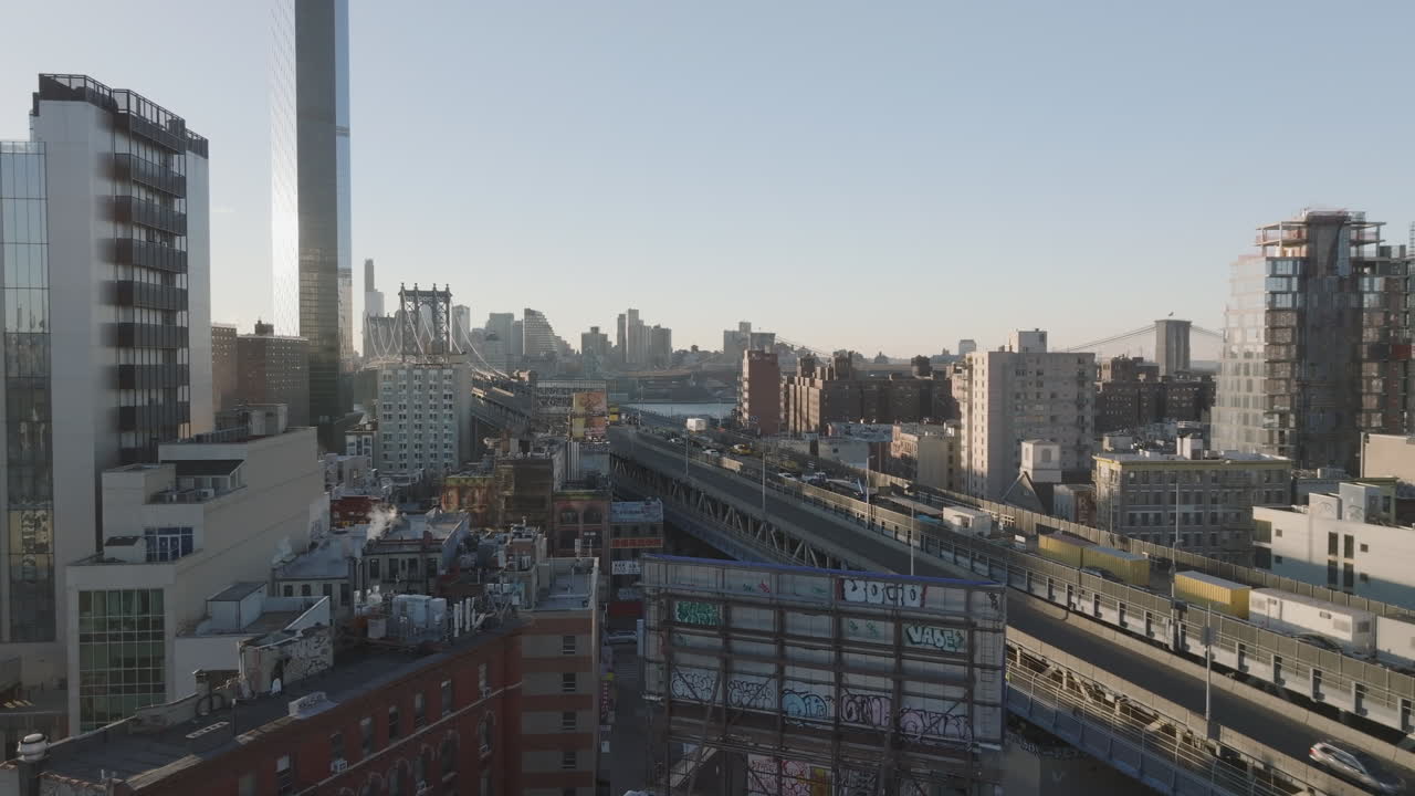 Aerial view of the Manhattan Bridge. Shot in Chinatown looking east towards Brooklyn