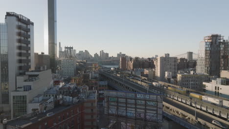 aerial view of the manhattan bridge. shot in chinatown looking east towards brooklyn