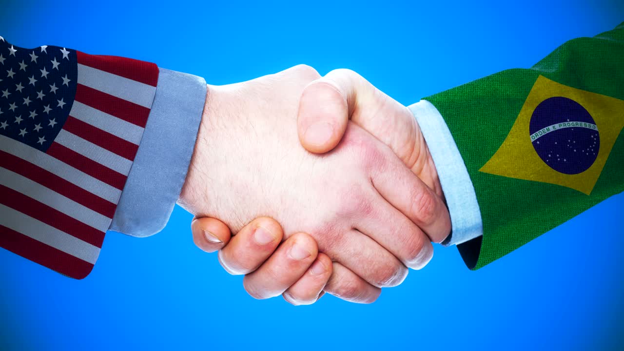 United States - Brazil / Handshake concept animation about countries and politics / With matte channel
