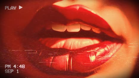 animación recreada de cinta vhs: la pintura ondulante de un par de labios rojos femeninos sensuales