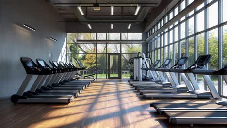 modern gym interior with treadmills and large windows