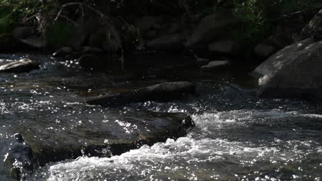 Slow-motion-zoomed-shot-of-a-fast-flowing-rocky-stream