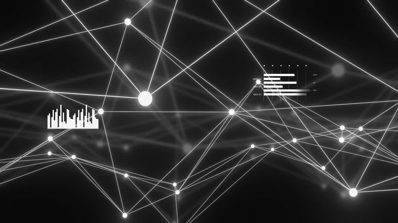 Animation of network of connections with glowing nodes over black background