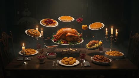 a sumptuous thanksgiving feast with a majestic turkey surrounded by delicious dishes and flickering candles, creating a warm and inviting holiday atmosphere