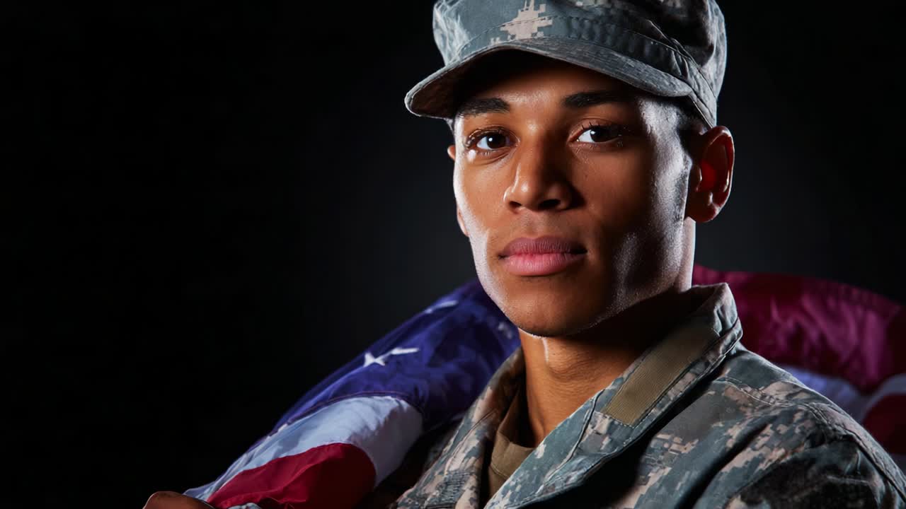 A Proud and Determined Soldier Displaying the American Flag with Honor and Resolve, Capturing a Moment of Strength and Bravery in Military Uniform Against a Dramatic Background