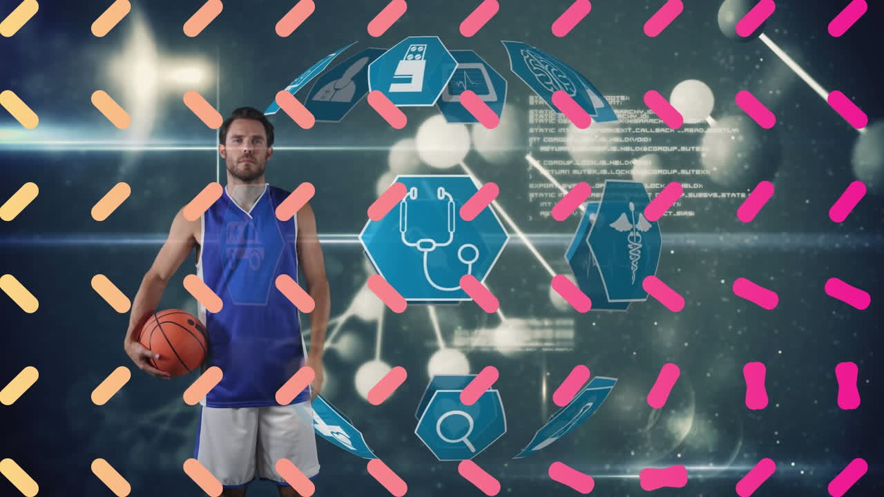 animación de líneas amarillas y rosadas sobre el globo con iconos médicos, jugador de baloncesto caucásico