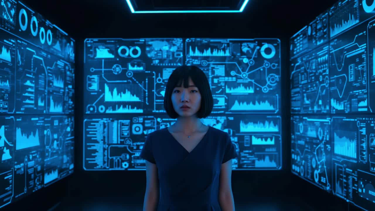 An Introspective Moment in a Futuristic Data Environment Captured in a Video Frames, Featuring a Woman Surrounded by Illuminated Digital Displays of Information and Graphics