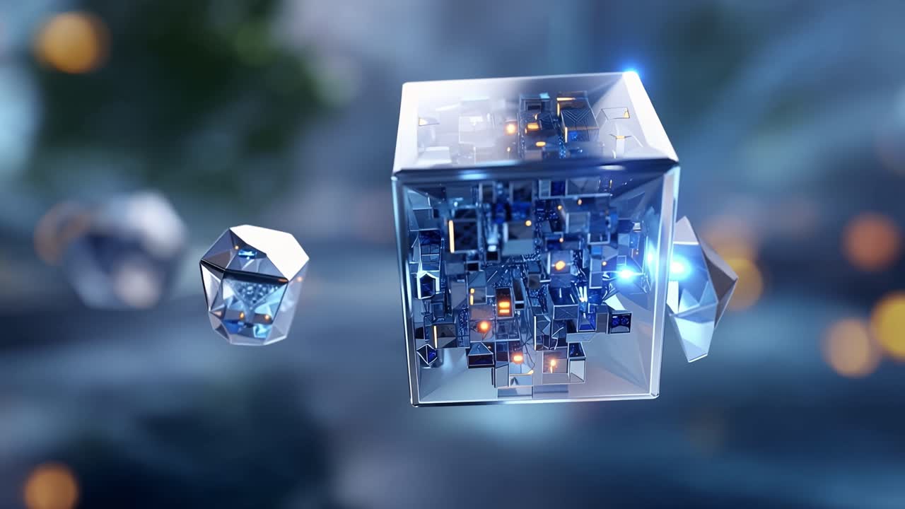 Futuristic Transparent Cube with Glowing Digital Elements