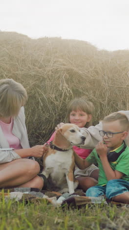 familia sonriente sentada en la hierba cerca de la bala de heno, disfrutando de la unión al aire libre mientras acaricia a un perro amistoso, la cálida luz dorada del sol mejora la atmósfera alegre